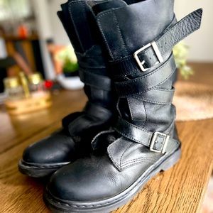 RARE Dr Martens Lauren Black Leather Strap Buckle Mid Calf Biker Tank Boot EU 41